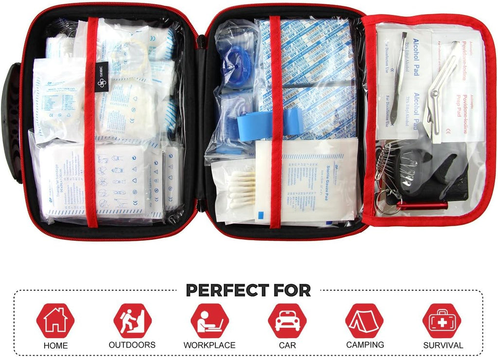 Compact First Aid Kit (228pcs) Designed for Family Emergency Care. Waterproof EVA Case and Bag is Ideal for The Car