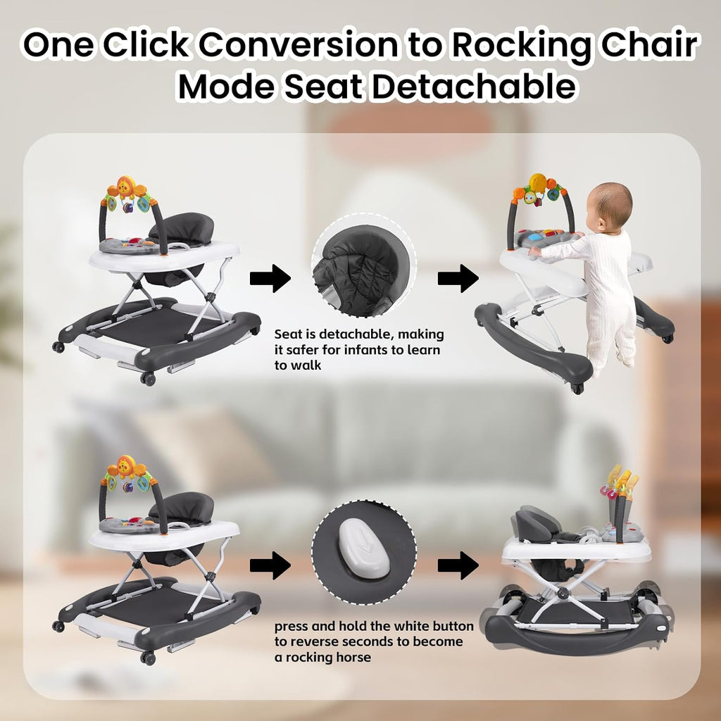 Baby Walker, 5-in-1 Baby Walkers for Boys and Girls 6-12 Months with Bouncer, Removable Footrest, Feeding Tray &