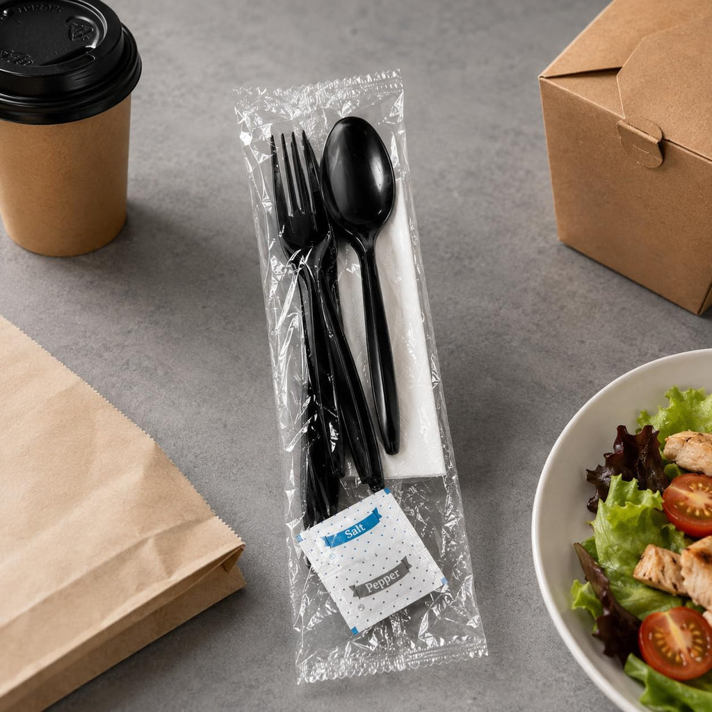 100 Pack Medium Weight Wrapped Black Plastic Cutlery Pack with Napkin and Salt/Pepper Packets (Black)