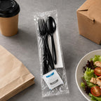 100 Pack Medium Weight Wrapped Black Plastic Cutlery Pack with Napkin and Salt/Pepper Packets (Black)
