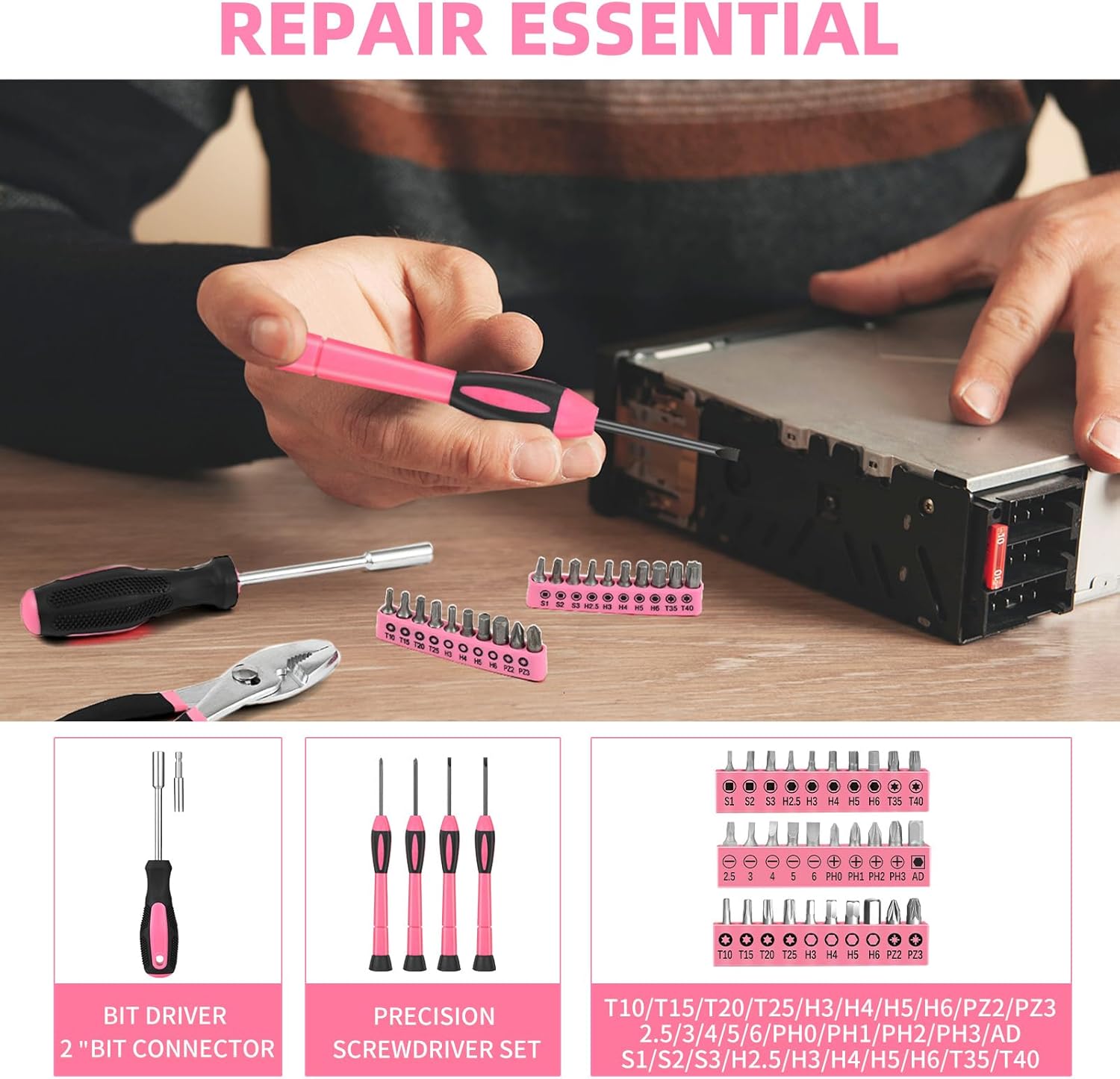 144-Piece Pink Tool Kit Basic Home Repair Tool Set General Household Hand Tool Kit Small Tool Kit with Plastic