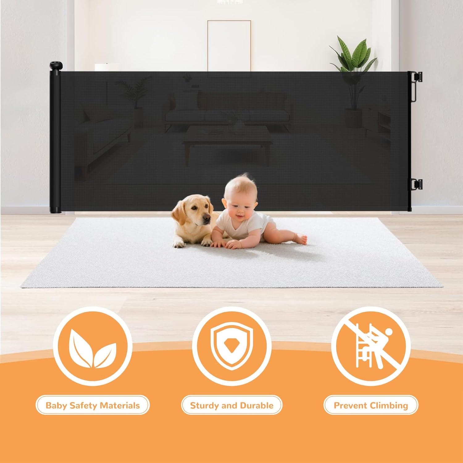 Retractable Baby Gate for Stairs & Doorways, 34" Tall Extends to 55" Wide, Mesh Baby & Pet Gate with Anti-Crawling