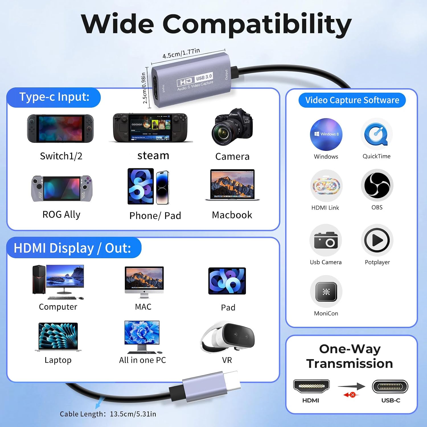 Video Capture Card, USB3.0 HDMI to USB-C Capture Device, 2K@30FPS | Stream & Record Gameplay at 1080P@60FPS