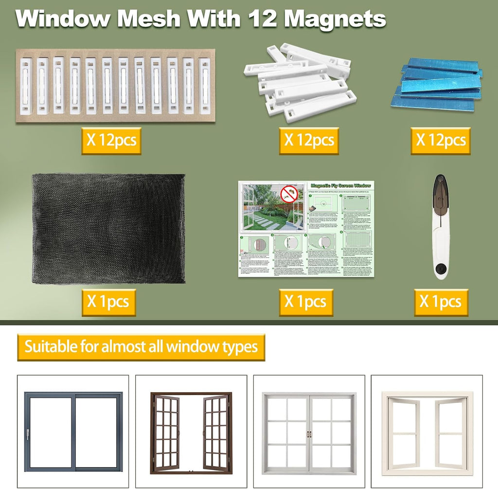 Magnetic Window Screen, Adjustable DIY Window Net Max 59” x 51” with Innovative Magnetic Fastener, Fiberglass Fine