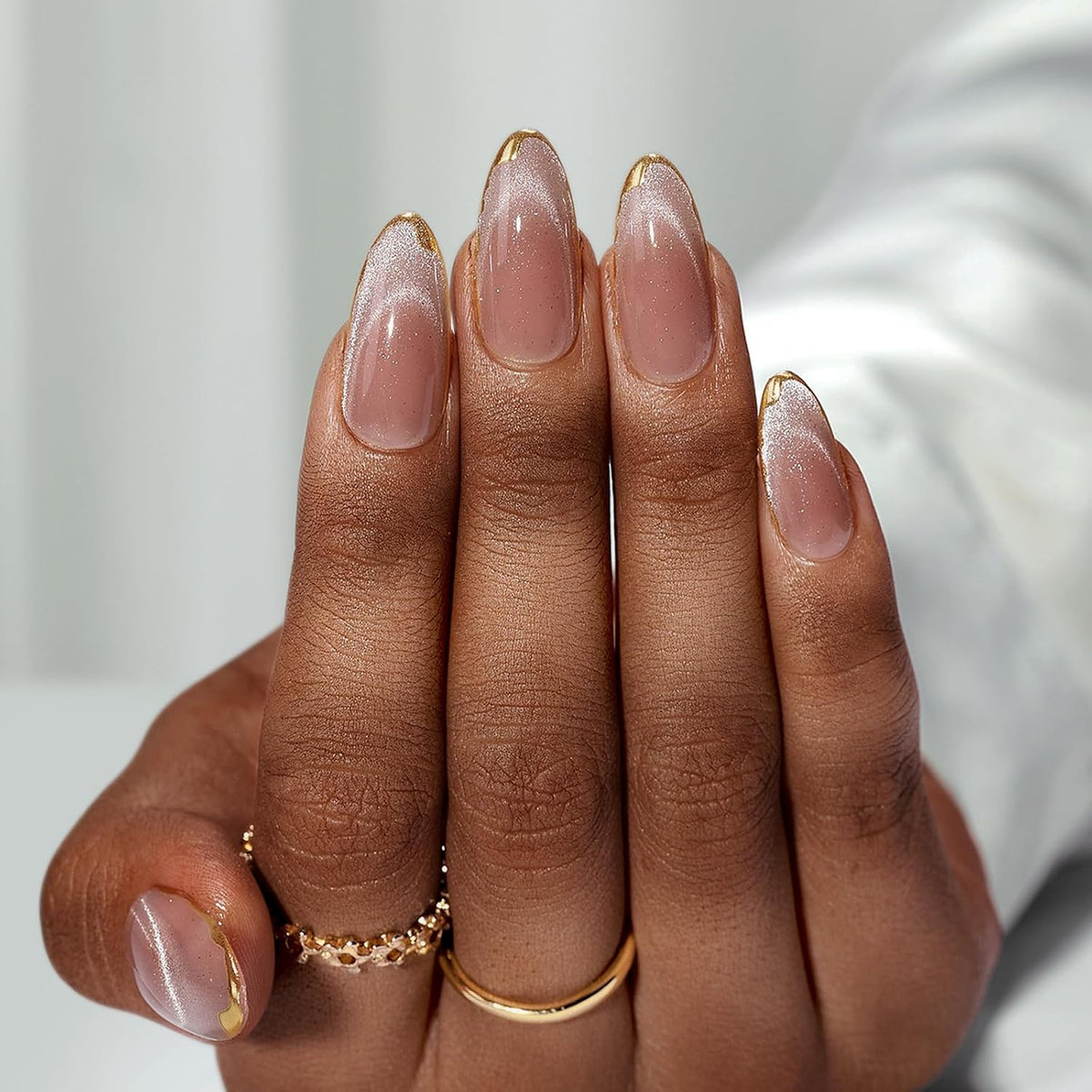 Press On Nails, Medium Almond Nude Fake Nails, 32Pcs Full Kit