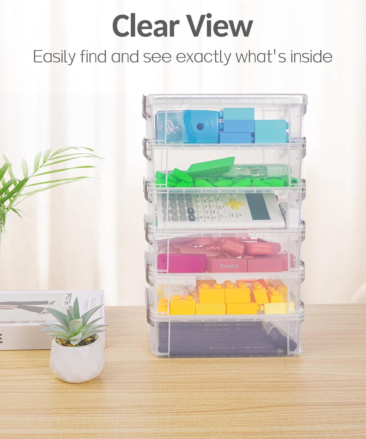 6 Pack Extra Large Pencil Box, Plastic Pencil Case Crayon Box