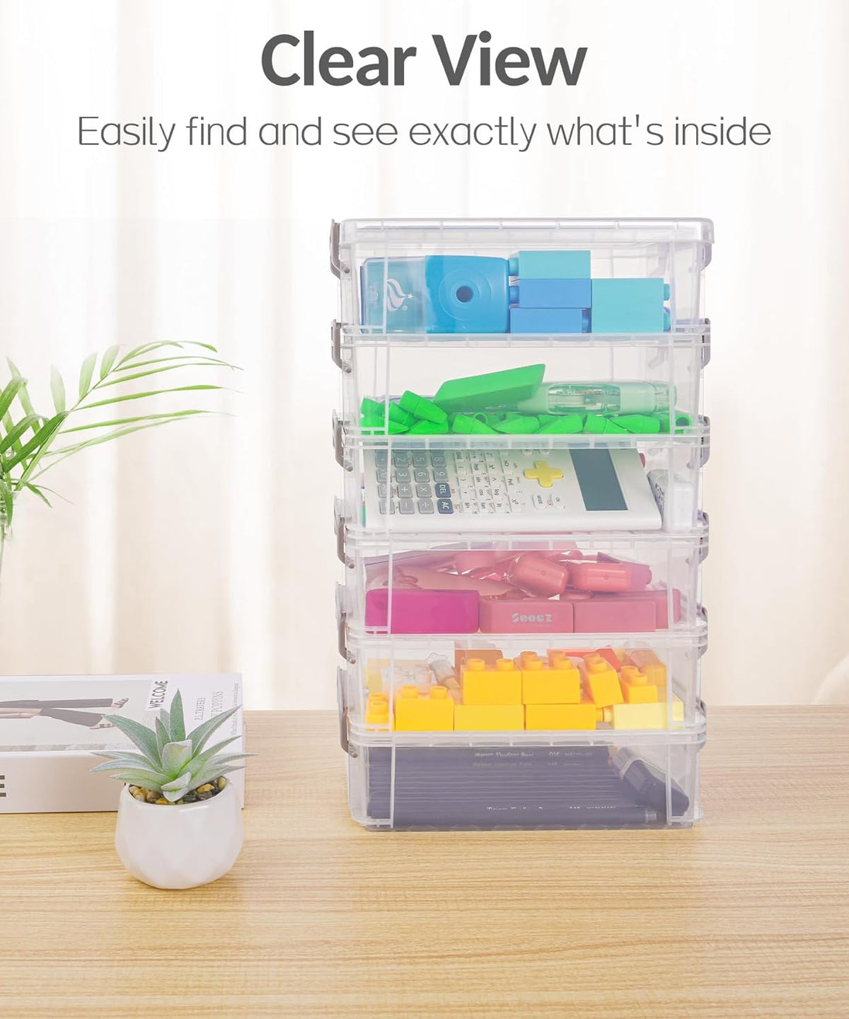 6 Pack Extra Large Pencil Box, Plastic Pencil Case Crayon Box