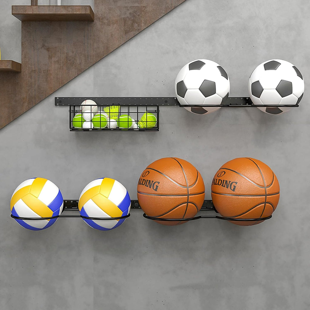 8 Tier Detachable Wall Mounted Basketball Rack, Vertical/Horizontal Football Holder, Holds 14 Balls DIY 1/2/3/4
