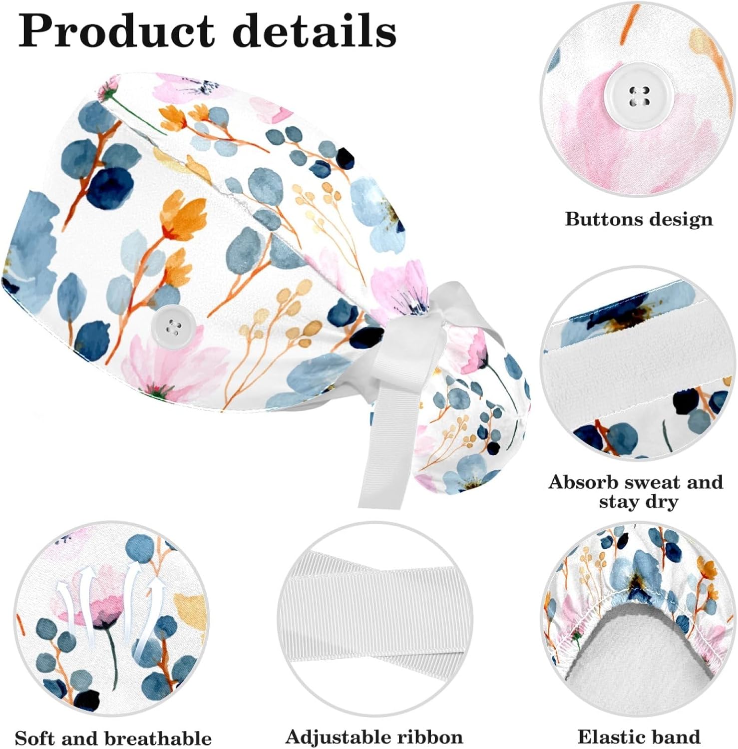Floral Design Scrub Caps with Buttons Women Working Cap Adjustable Sweatband Bouffant Hats