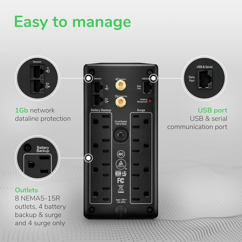 1000VA/600W Pro UPS Battery Backup for Office Electronics, AVR, BX1000M | 1000VA Back-UPS Pro for home offices — 8