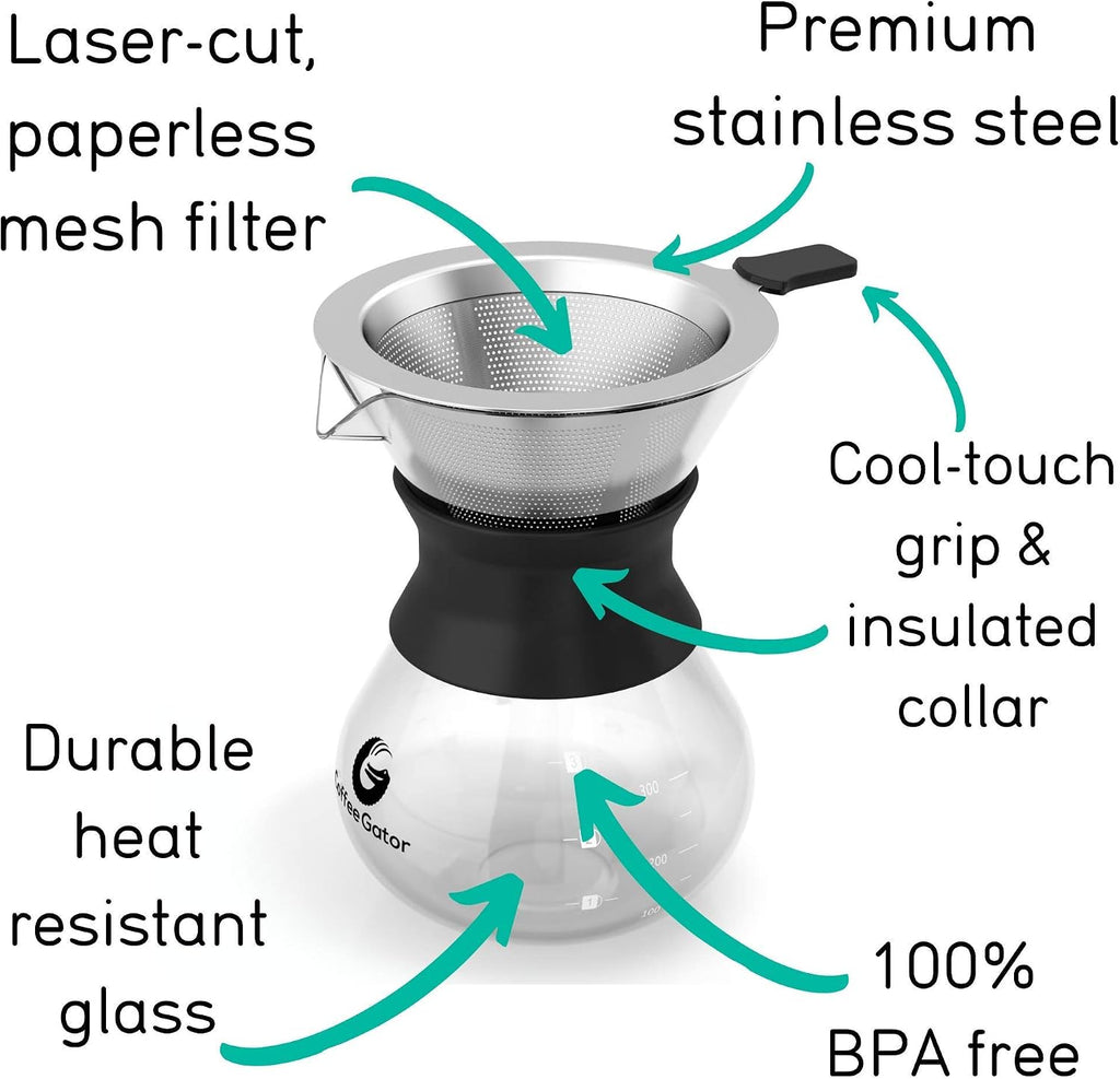 Pour Over Coffee Maker Portable - 10.5oz High Heat Borosilicate Glass w/Reusable Stainless Steel Filter, Drip Coffee