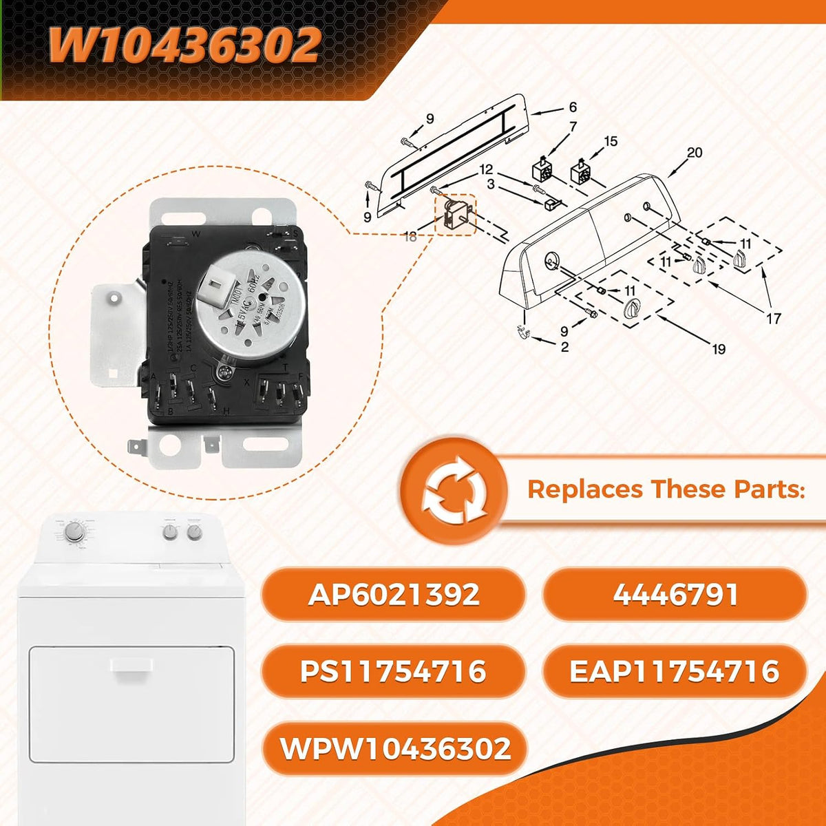 W10436302 Dryer Timer Compatible with Whirlpool Kenmore Amana Maytag, Replacement Part WPW10436302 4446791 AP6021392 PS11754716 EAP11754716