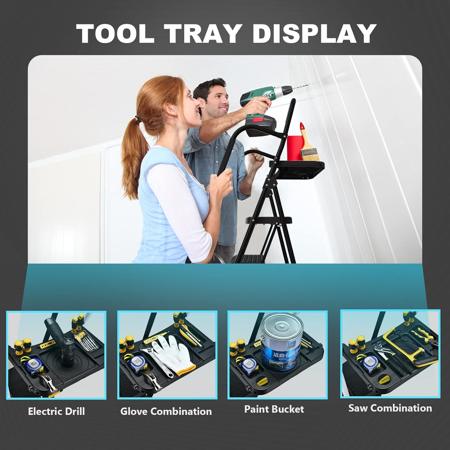 5 Step Ladder, Folding Step Stool with Wide Anti-Slip Pedal, Tool Tray & Handrails, 330lbs Capacity for Home and