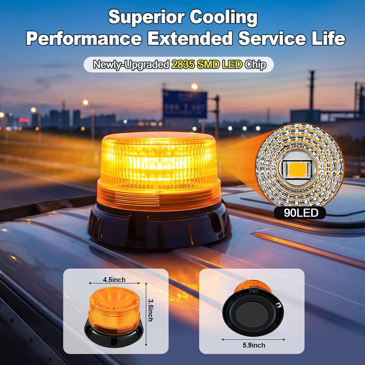 1-Pack Amber Strobe Beacon Light, Rechargeable LED, Magnetic Base | Wireless 3600mAh with suction cup mount.