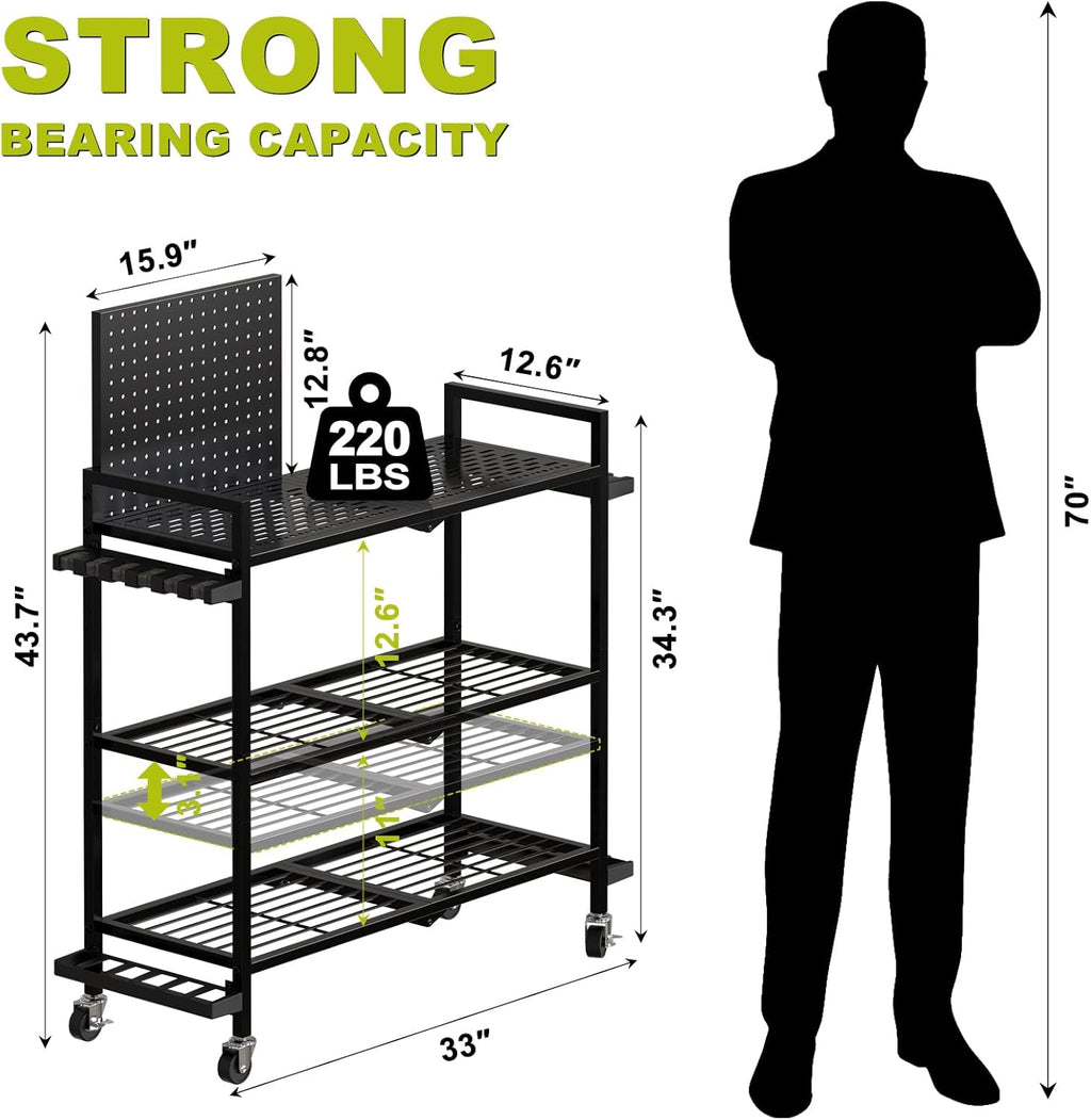 Fishing Rod Holders for Garage, Fishing Rod Stand with Wheels and Pegboard, 3-Tier Pole Storage Rack with 8 Hooks and