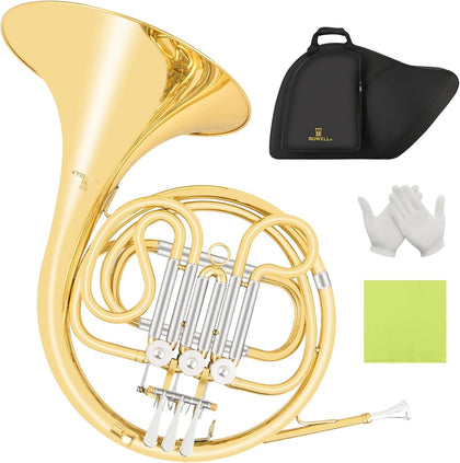 Single French Horn 3 Keys Gold Lacquer F Horn with Case, Mouthpiece, Gloves and Polishing Cloth
