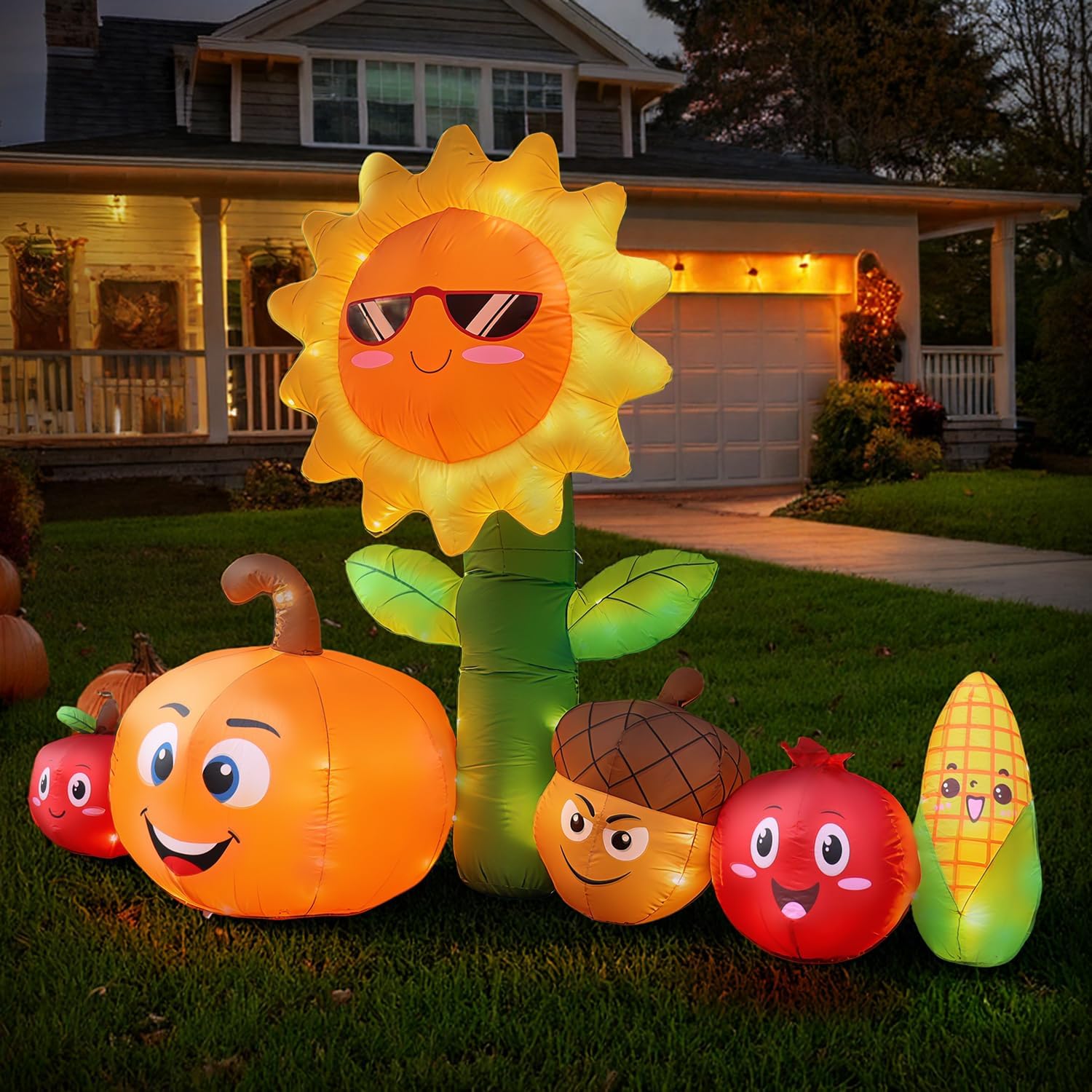 8FT Long Thanksgiving Inflatables Outdoor Decorations, Fall Blow ups Decorations Sunflower and Vegetables, Build in