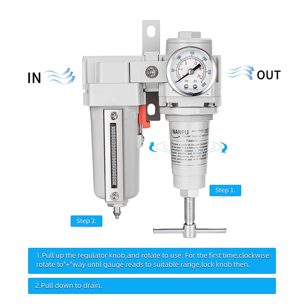 NANPU 1/2" NPT High Pressure Air Filter/Regulator Combo, T-Handle