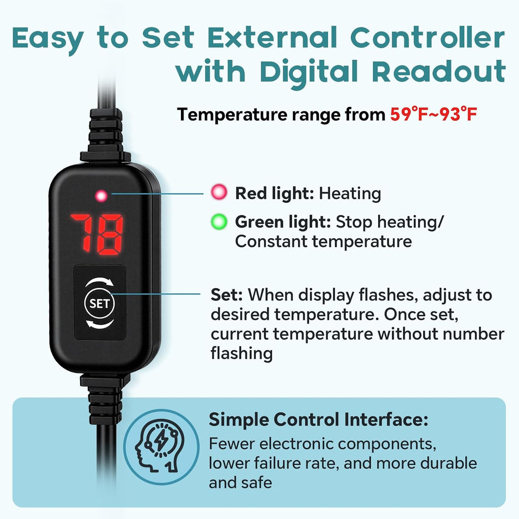 Submersible Aquarium Heater, Small Adjustable Fish Tank Heater with 2 Suction Cups, Temperature Controller