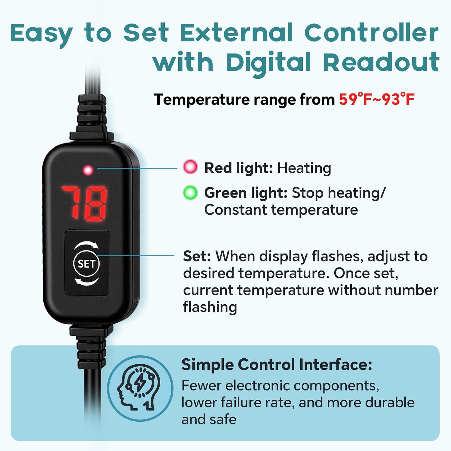 Submersible Aquarium Heater, Small Adjustable Fish Tank Heater with 2 Suction Cups, Temperature Controller