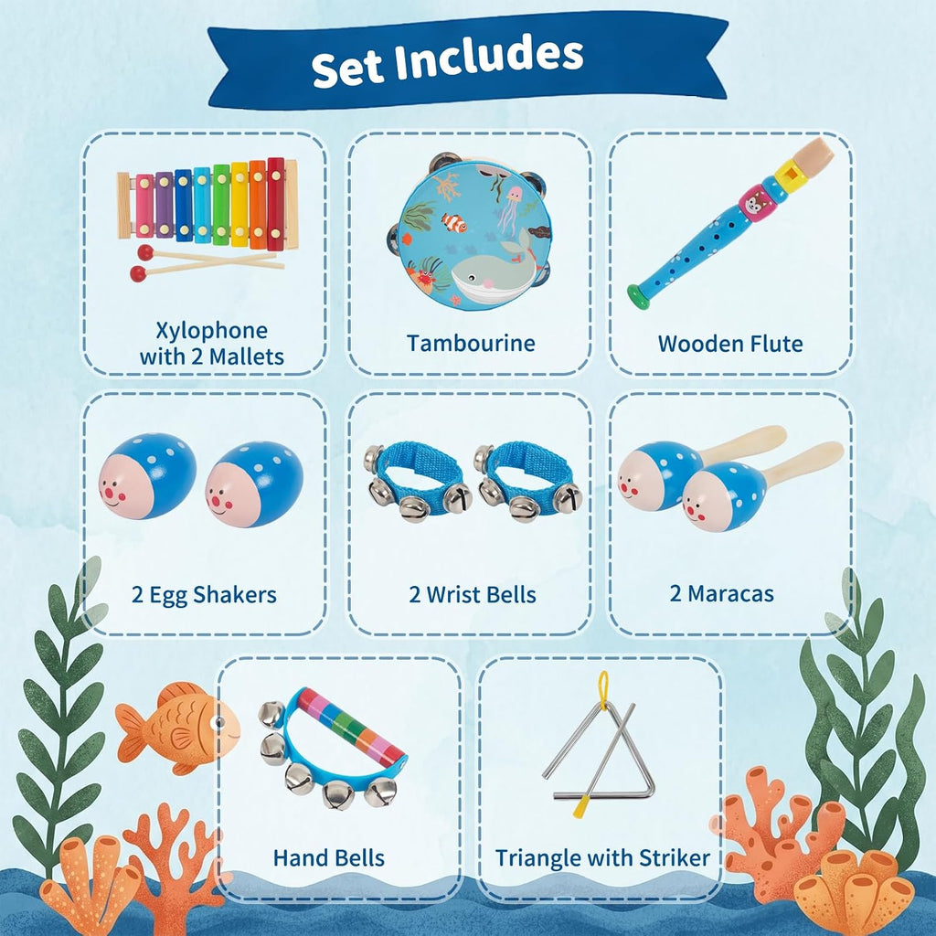 Wooden Musical Instruments Set for Toddlers 1-3, Montessori Baby Toys | 8 Kinds of Natural Wood Percussion