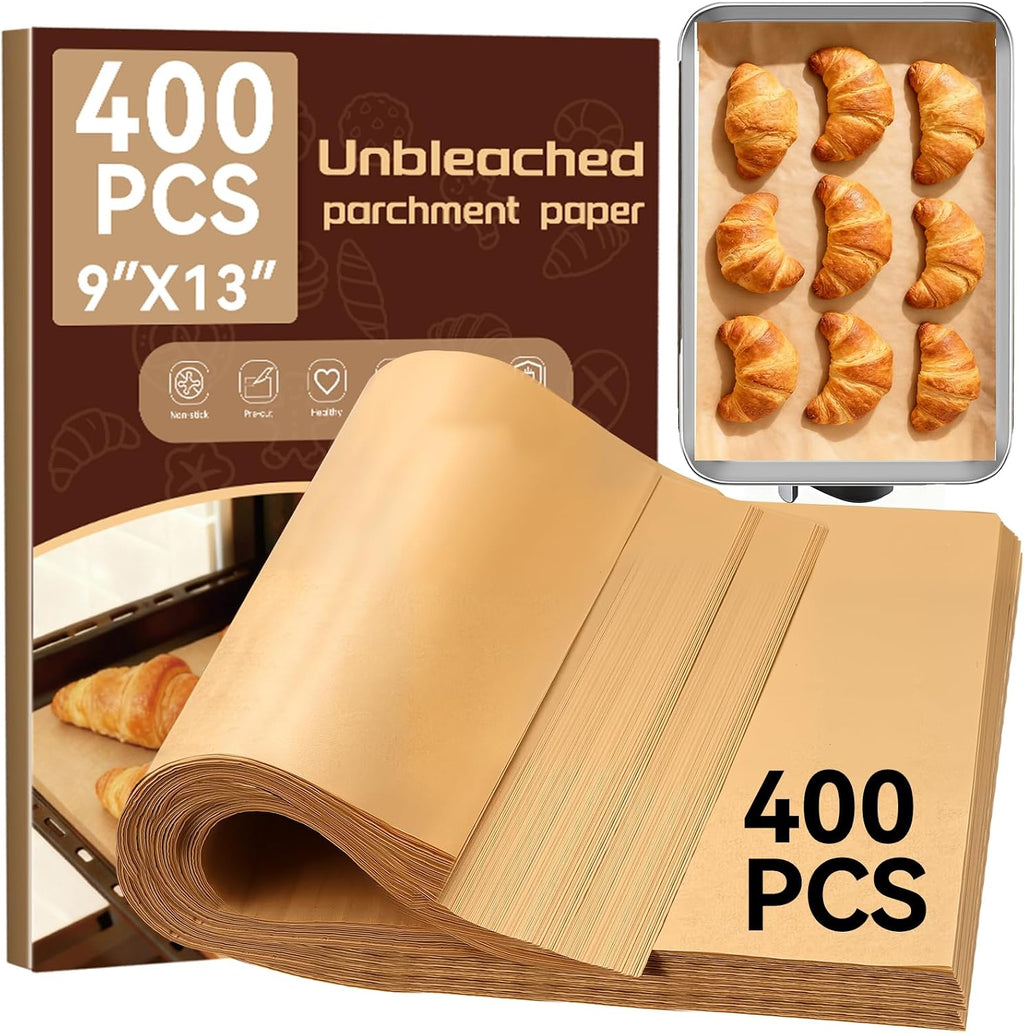 400PCS Parchment Paper Baking Sheets, 9"x13" Unbleached Precut Quarter Parchment Paper for Baking, Non-Stick Baking