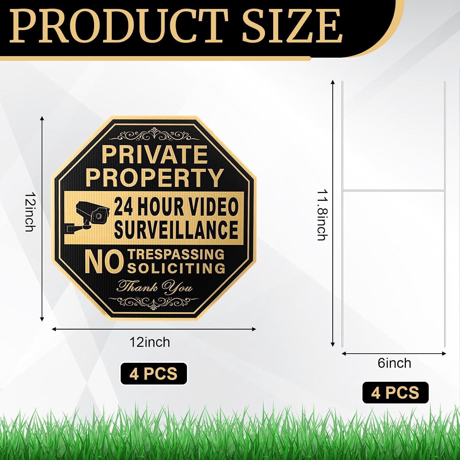 4 Pcs Private Property No Trespassing No Soliciting Yard Sign 12 x 12 Inches 24 Hours Video Surveillance Sign with