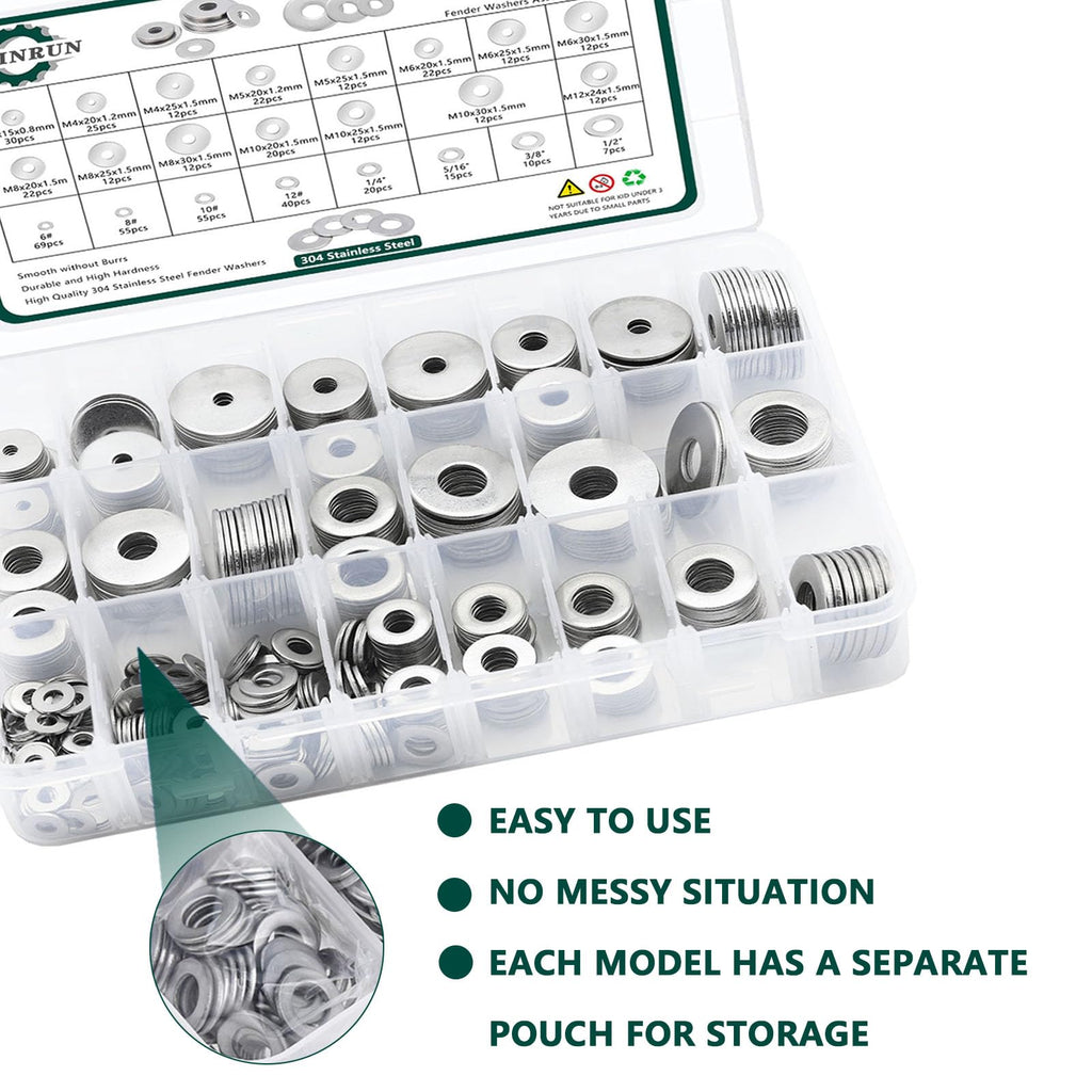 Fender Washers, 520 Pcs SAE + Metric 23 Sizes Flat Washers Assortment Set, 304 Stainless Steel Assorted Hardware