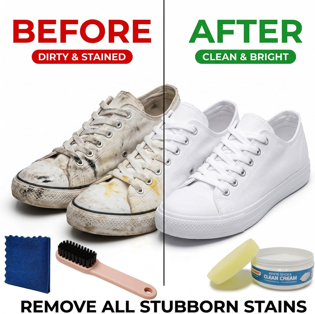 White Shoe Cleaner Cream – No-Wash Solid Cleaning Paste with Cloth & Shoe Brush Included – Multipurpose White Shoe