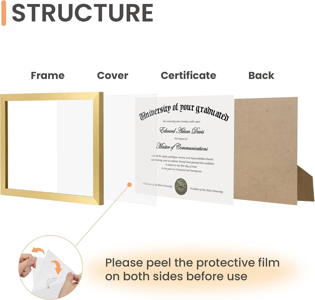 Certificate Frame, 8.5 by 11 Diploma Frames, 1 Pack, Gold | Clear Plexiglass, 8.5x11 Document Degree Frames for