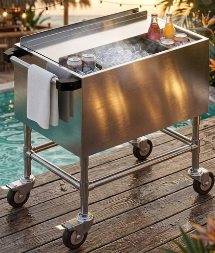Mobile Ice Bin Chest with Handle, Stainless Steel Ice Chest with Sliding Lid and Bottle Holders, Cooler Cart Cocktail