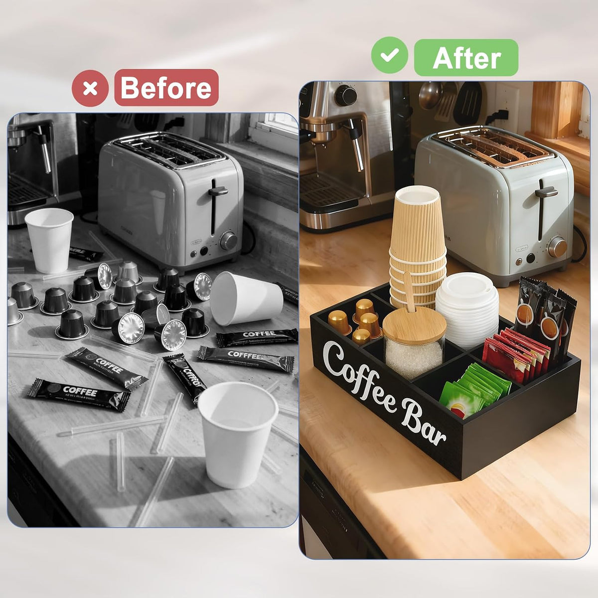 Wood Coffee Station Organizer for Countertop with Removable Dividers