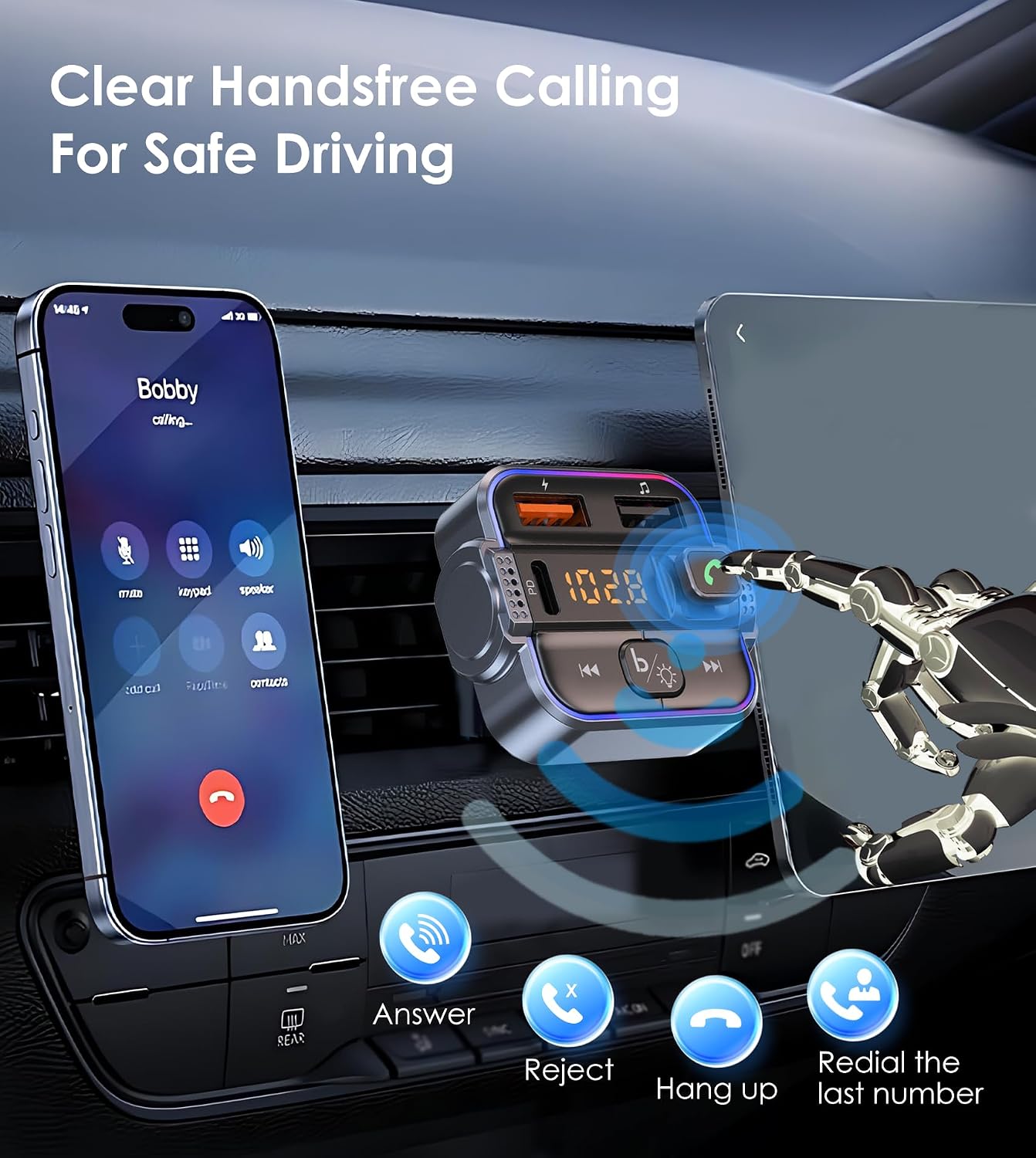 Bluetooth FM Transmitter for Car PD 30W & QC3.0 Fast Charging | Dual Mics Hands-Free Calling, Bluetooth Car Radio