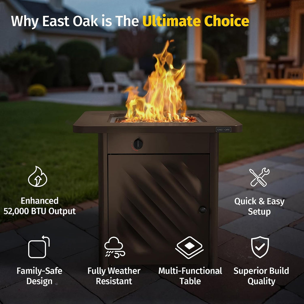 28” Outdoor Propane Fire Pit Table | 52,000 BTU Gas Fire Pit for 2-4 People with Space-Saving Hock Lid, Mesh Pocket &