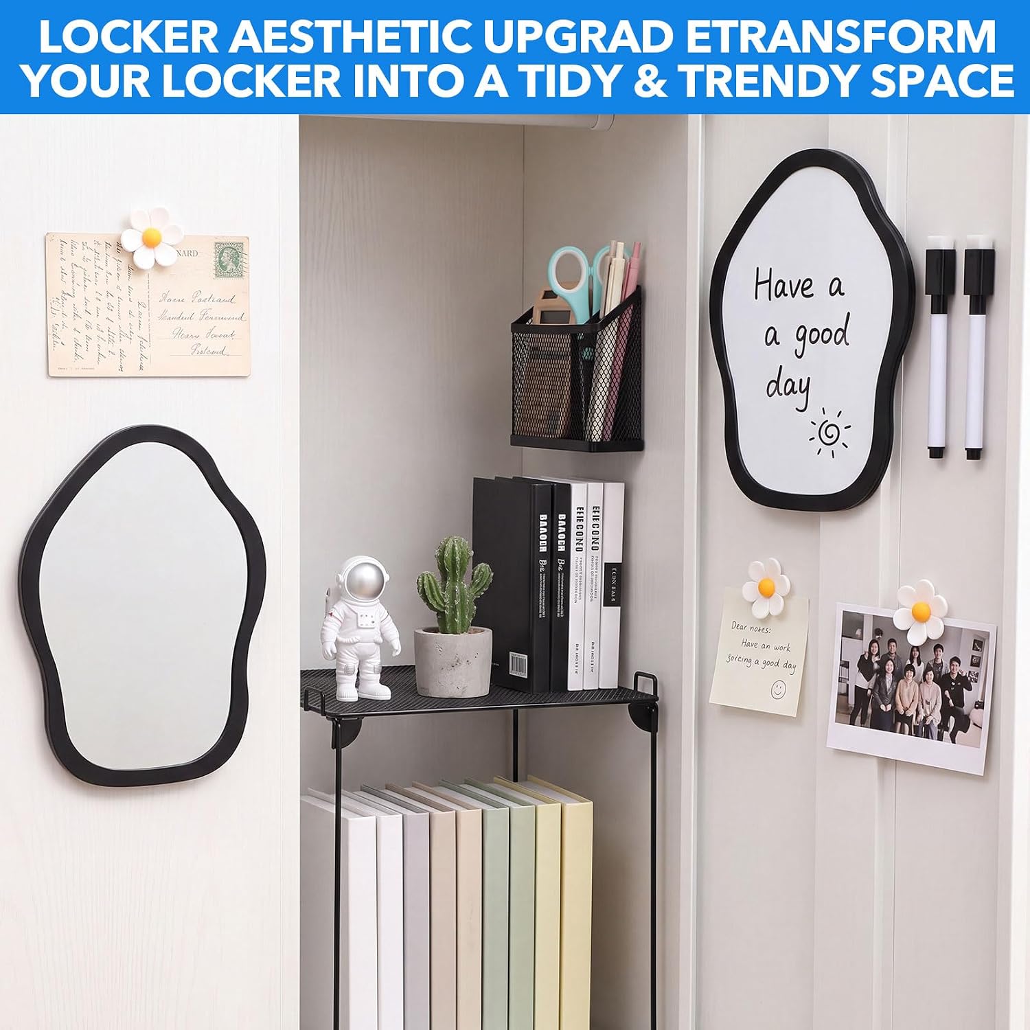7 Pcs Black Locker Organizer Accessories Kit, Back to School Essentials Includes Cloud Mirror, Whiteboard, Dry Erase