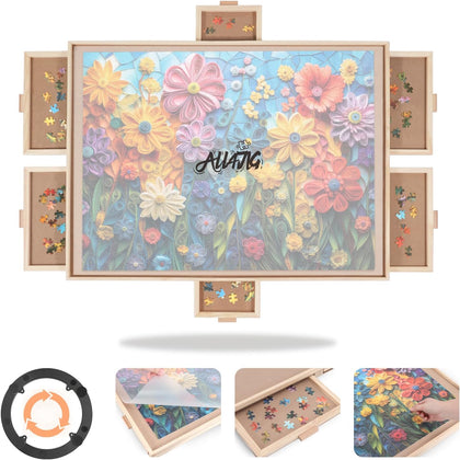 1000 Pieces Rotating Puzzle Board with 6 Drawers and Cover,22.44"x30.16"Portable Wooden Jigsaw Puzzle Table for