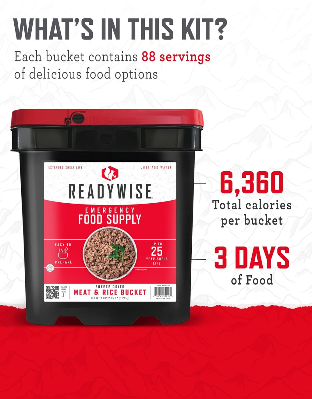 Emergency Food Supply - 88 Servings Meat & Rice Bucket, Freeze Dried Protein Meals, Camping Essentials, Bulk Rice &