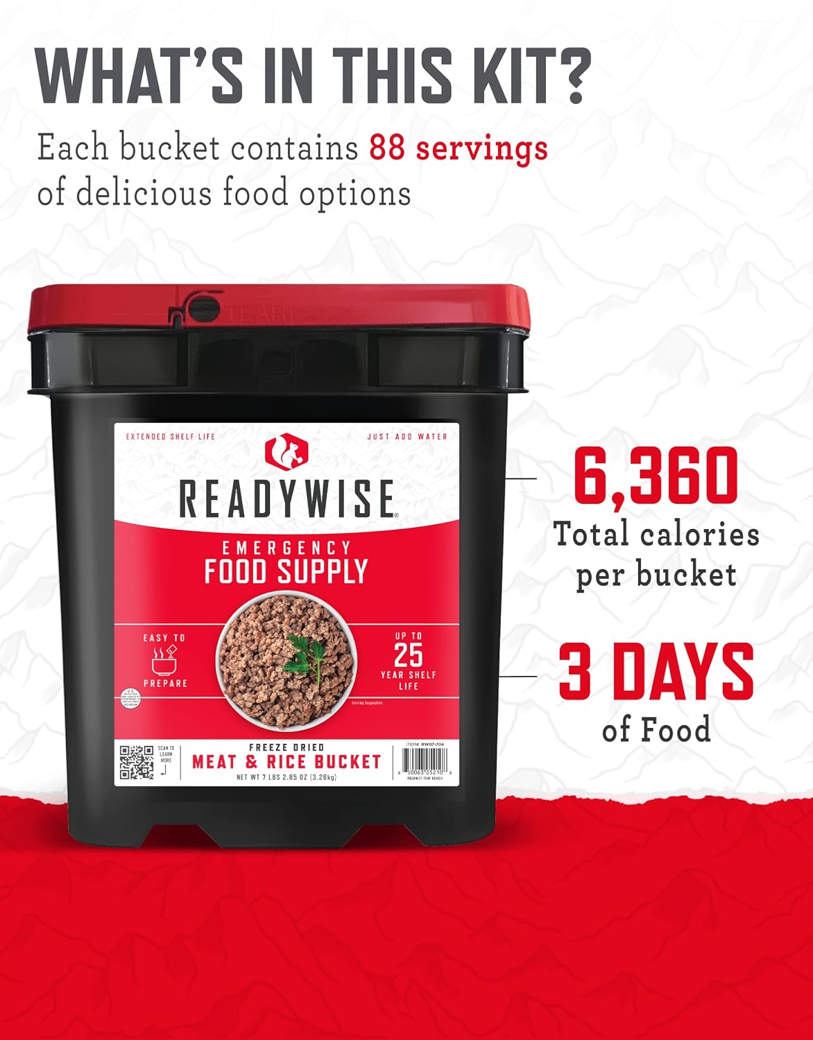 Emergency Food Supply - 88 Servings Meat & Rice Bucket, Freeze Dried Protein Meals, Camping Essentials, Bulk Rice &