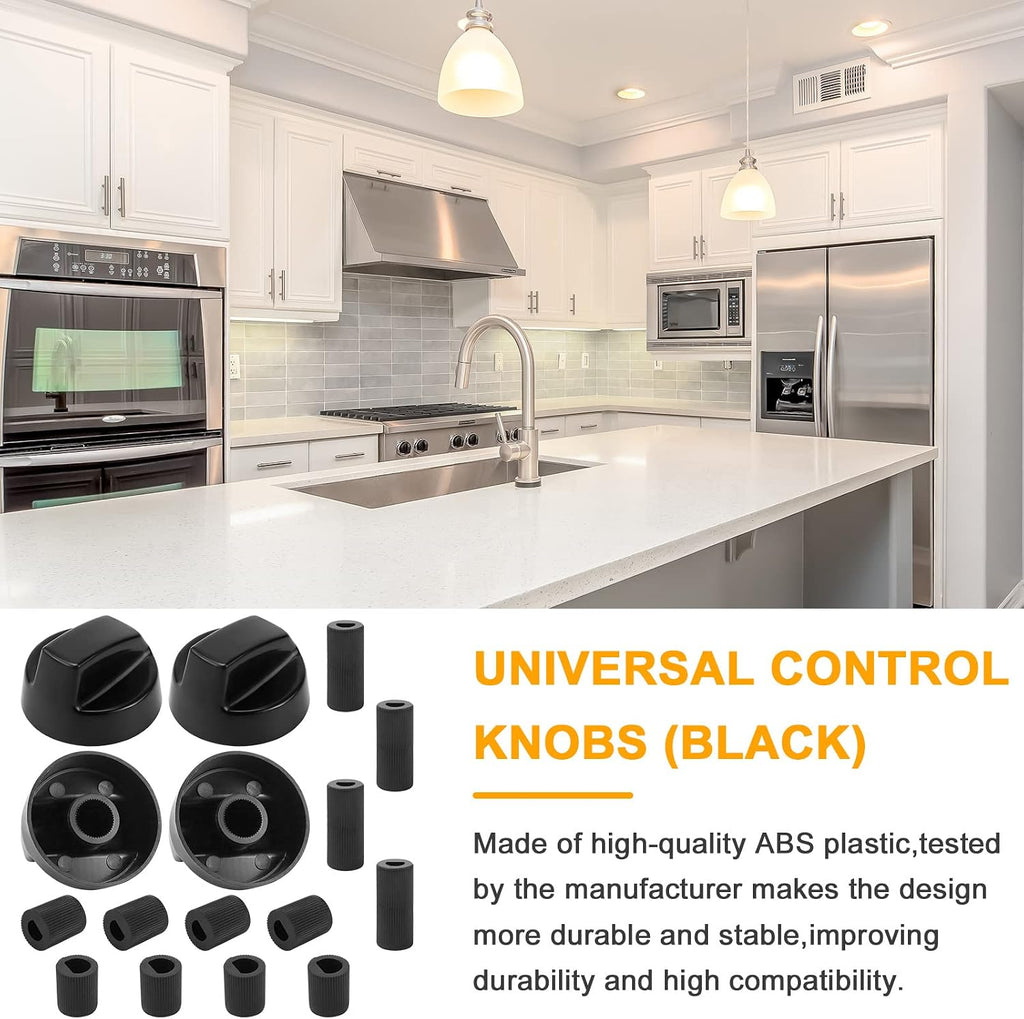 Universal Oven Knobs 4 Black Stove Knobs,12 Adapters, 4 Long, 8 Short | Compatible with Most Gas & Electric Ranges &