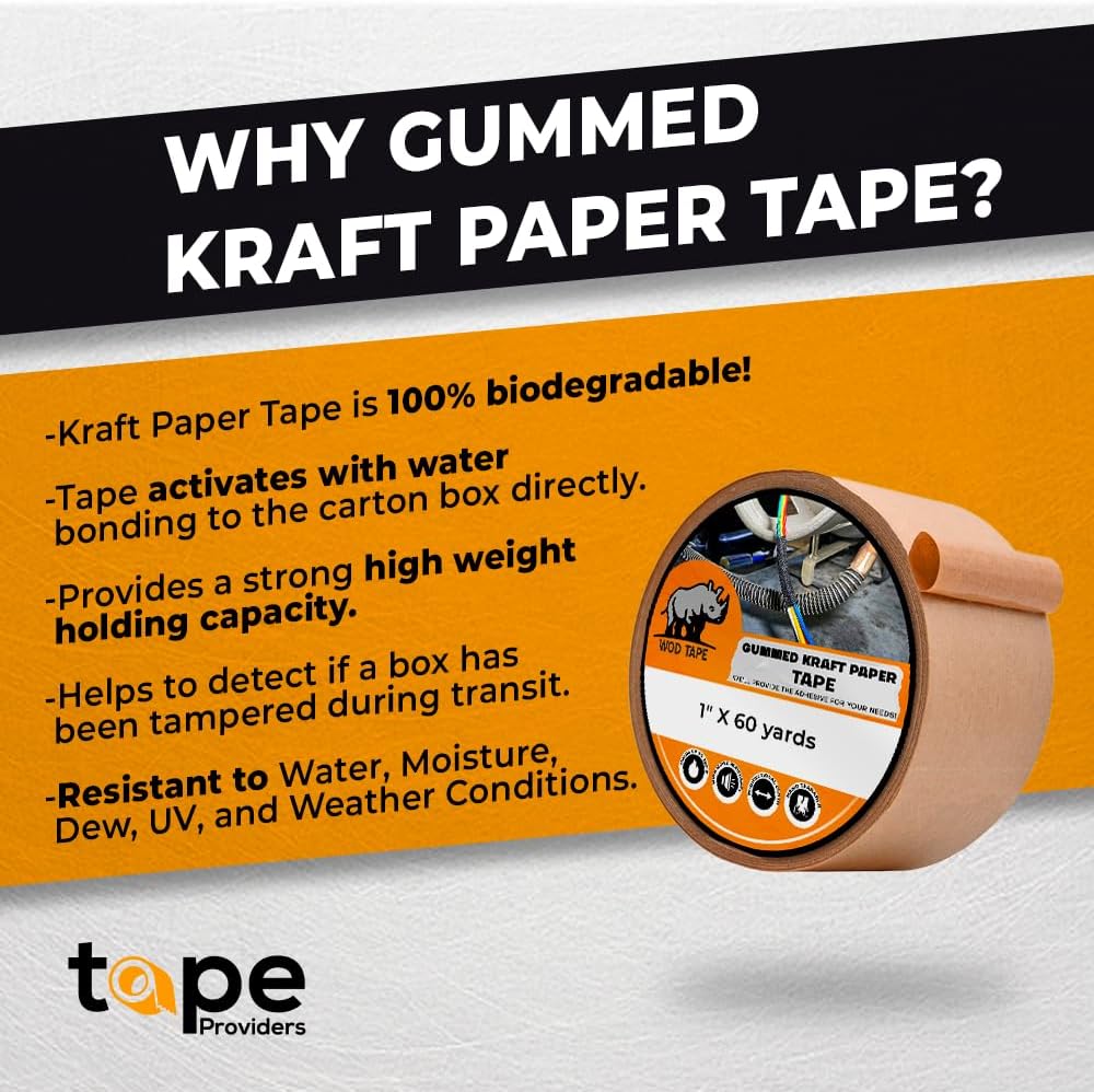 WOD WATWTE Reinforced Water Activated Kraft Tape Brown Gummed - 2.75 inch (70mm) x 375 ft. Fiberglass Tape for