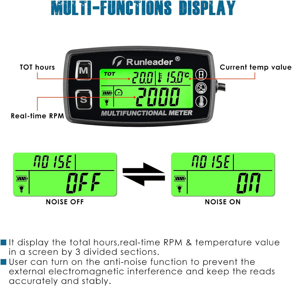 Runleader Digital Tach Hour Meter Engine Temperature Gauge RL-HM035A-TS002