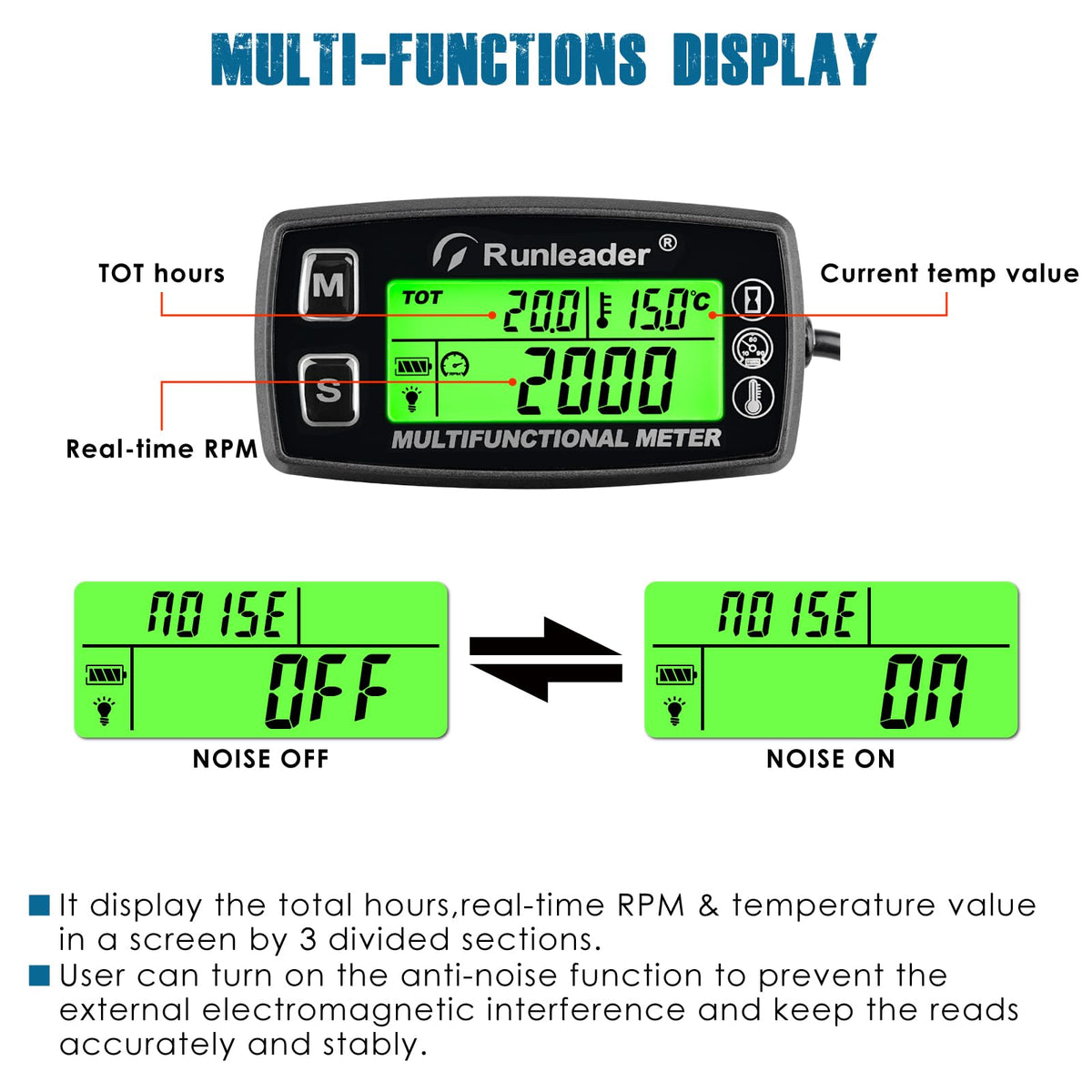 Runleader Engine Temperature Meter Hours Tachometer RL-HM035A-TS002-1