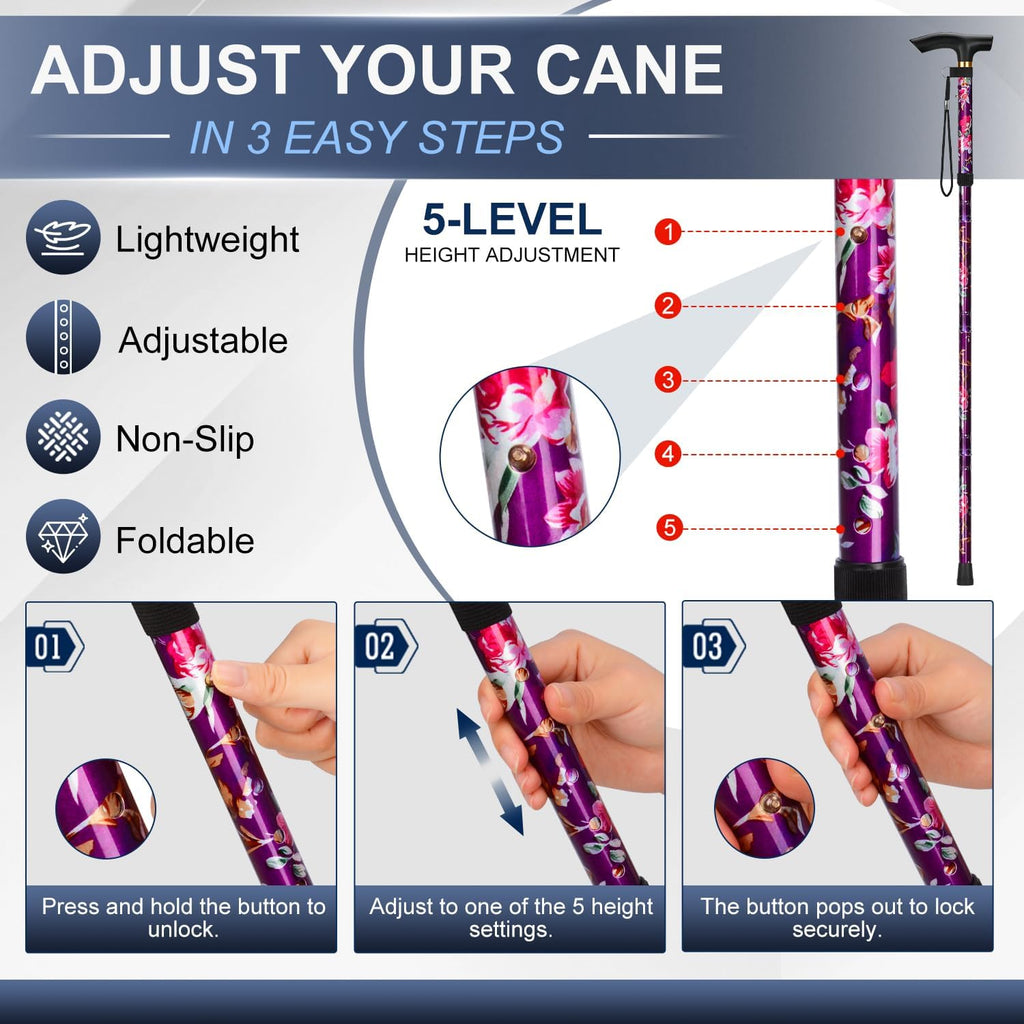 Folding Cane, 5-Level Adjustable Height Walking Stick Lightweight Collapsible Portable Travel Cane with Wrist Strap