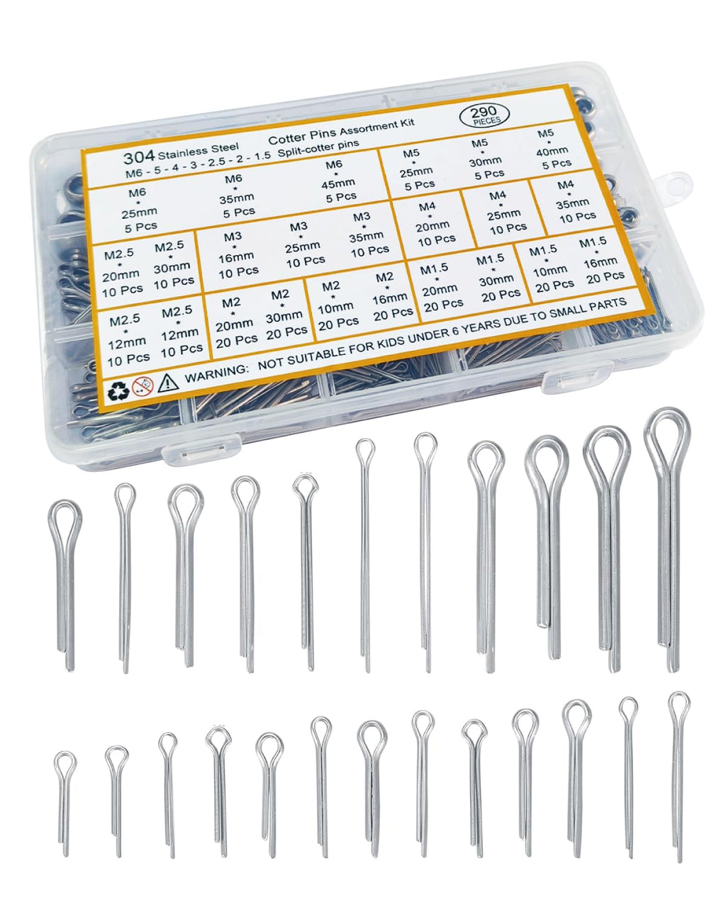290 Pcs Cotter Pins Assortment Kit, 304 Stainless Steel Split Pins