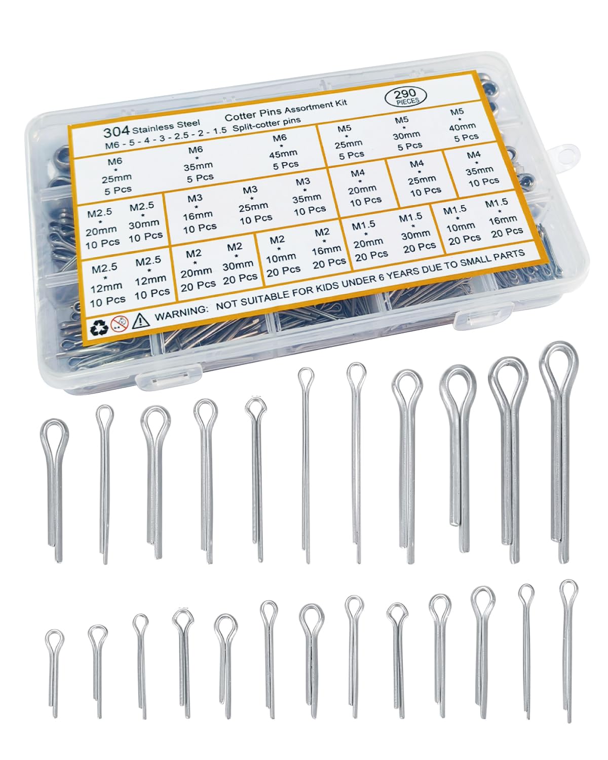 290 Pcs Cotter Pins Assortment Kit, 304 Stainless Steel Split Pins