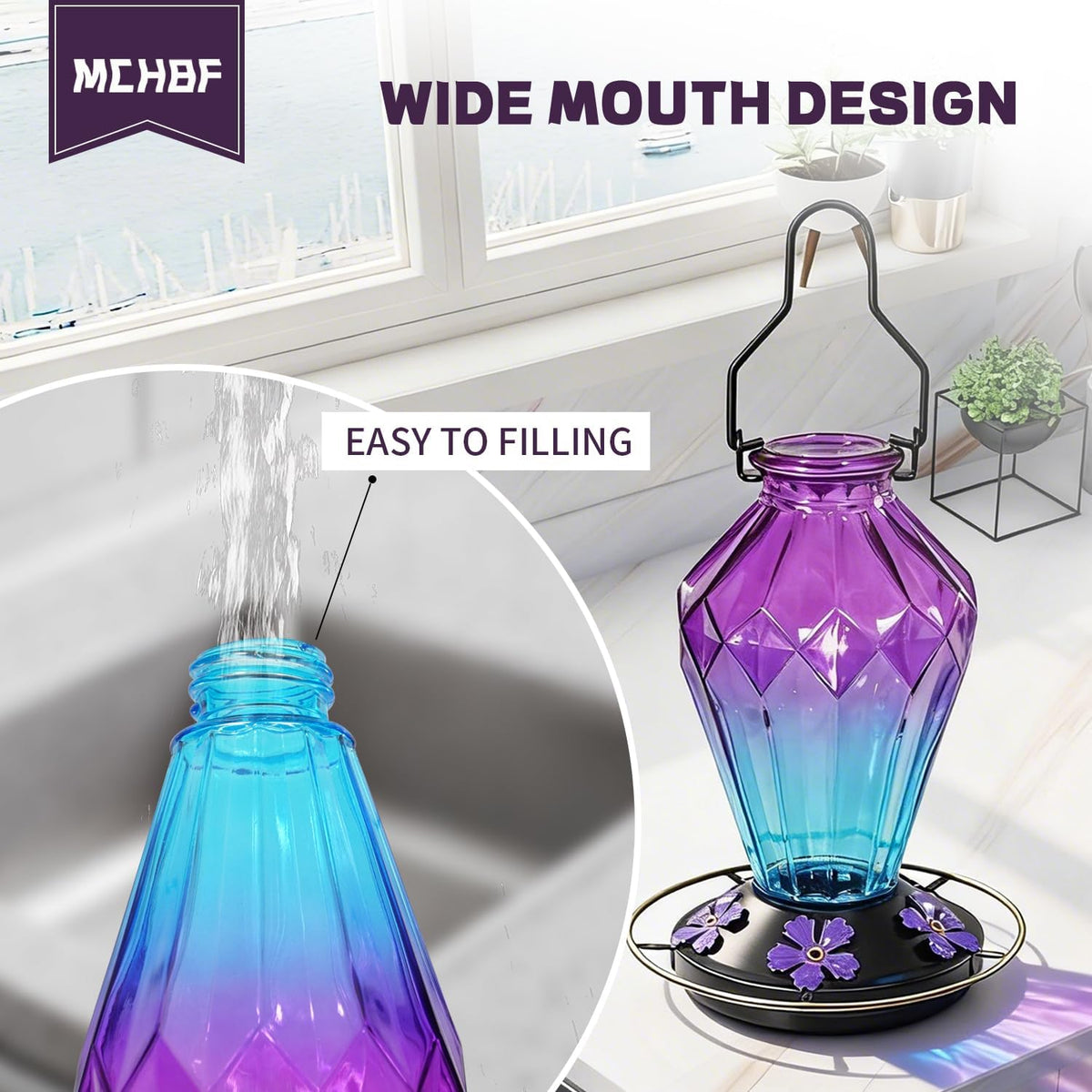 Glass Hummingbird Feeder for Outdoors Hanging, 25Oz Humming Bird Nectar Feeder, Perch, 5 Flower Feeding Ports, Leak