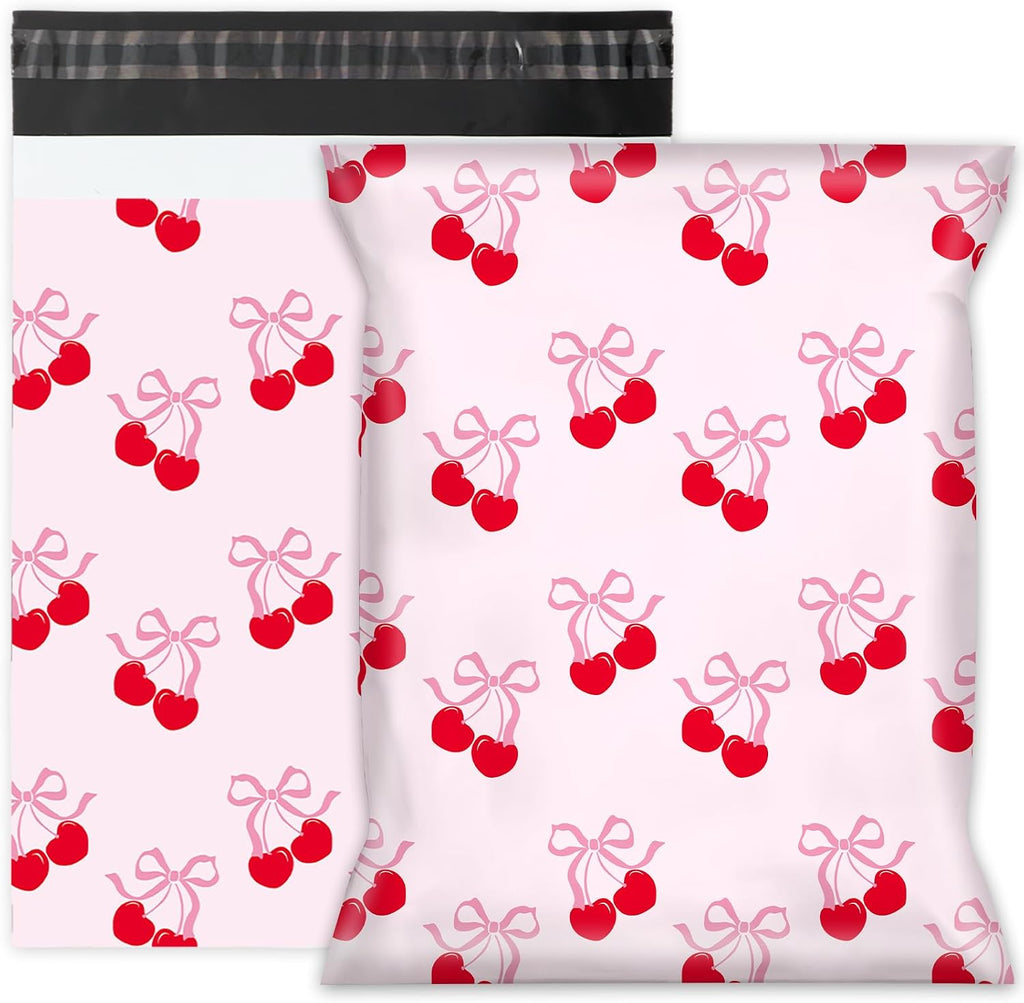 100Pcs Cherry Poly Mailer 10 x 13 Inch Pink Bow Fruit Mailing Bag Valentine Cute Self-Sealing Plastic Packaging