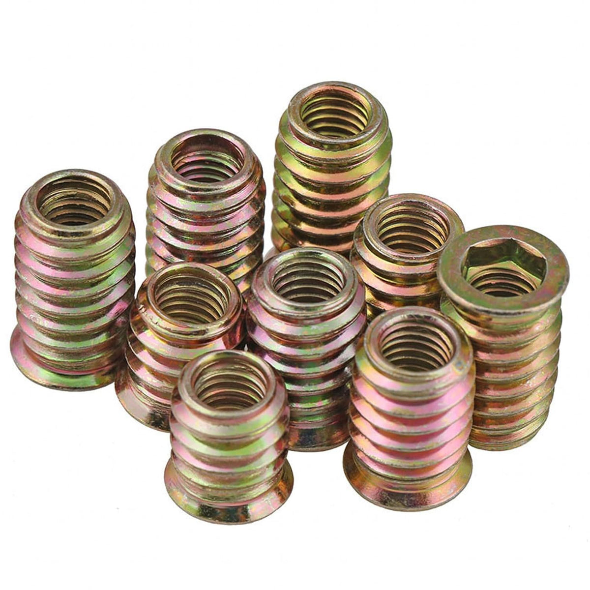 100pcs Threaded Inserts for Wood, Screw in Nut Fastener Connector, Steel Hex Drive Nut Inserts for Home Office Furniture (Gold, 1/4"-20 x10mm)