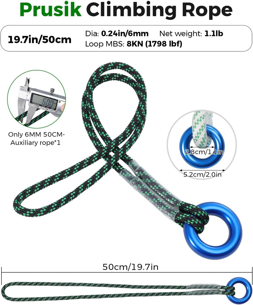 6mm (1/4") Pre-Sewn Prusik Loop Cord with Ring, 20 Inch Tree Climbing Rope | Polyester Anchor Cord, Tree Climbing