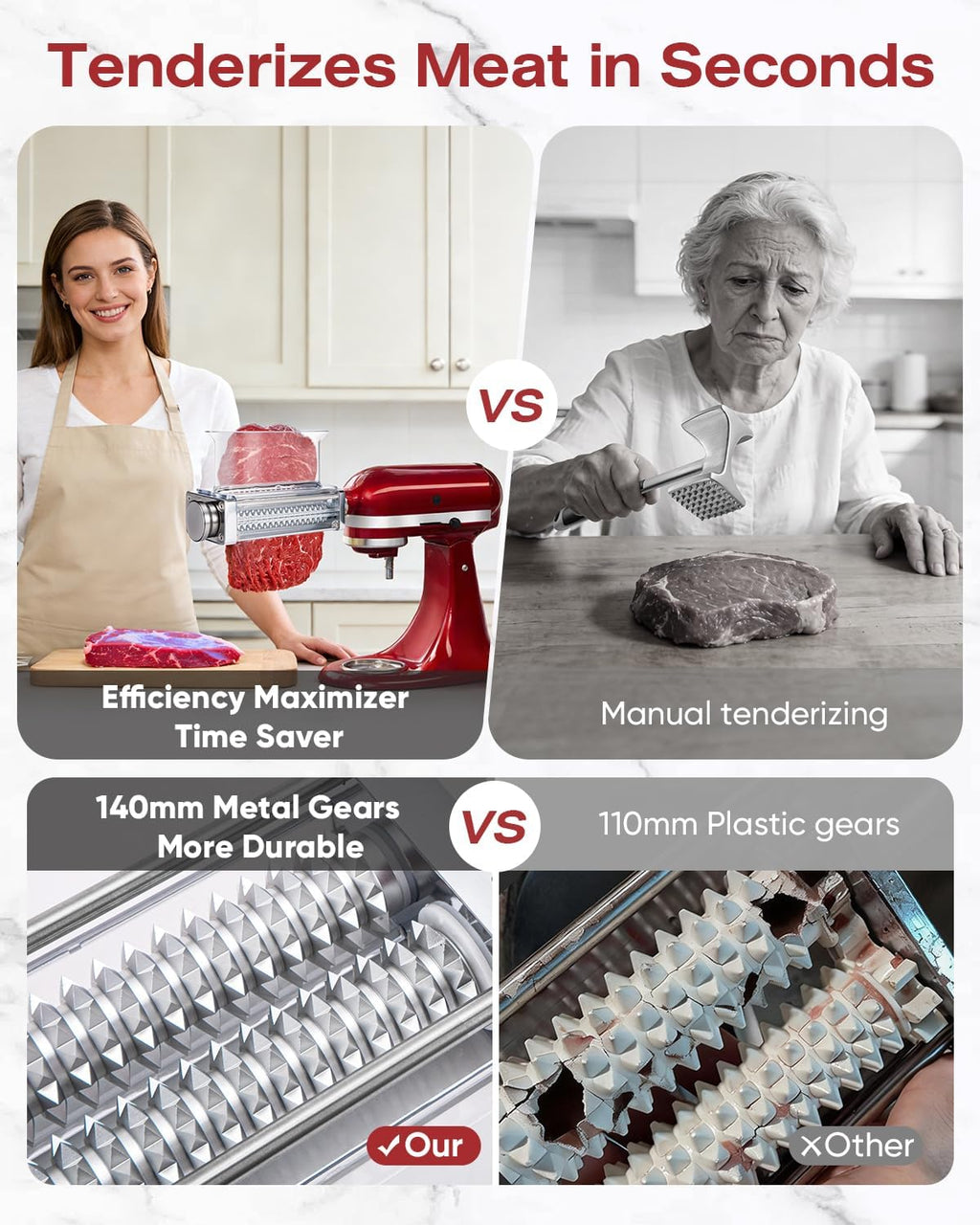 3-Adjust Stainless Steel Meat Tenderizer Attachment for KitchenAid Mixer
